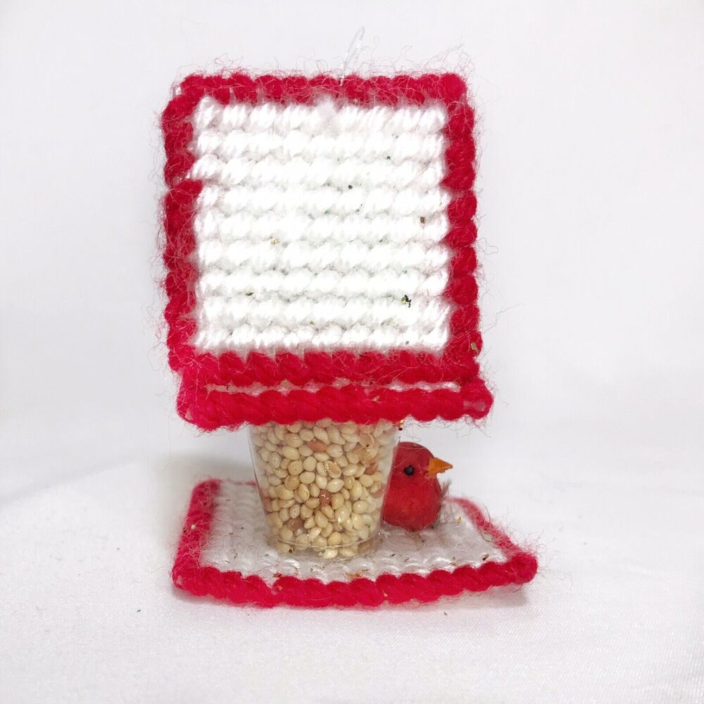 Vintage Plastic Canvas 3D Birdhouse Christmas Ornament Needlepoint Red White